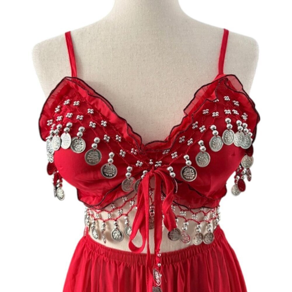 Belly Dance Costume Top Silver Coins Sequence Skirt Suit Set Size S/M Halloween - Picture 3 of 14